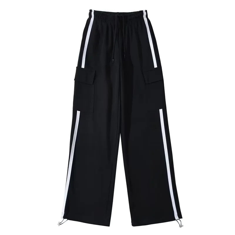 Side Stripe Stitching Women's Drawstring Pocket Casual Pants Bundle Feet