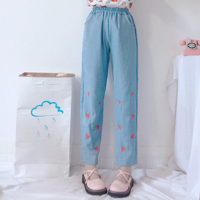 Embroidered strawberry jeans