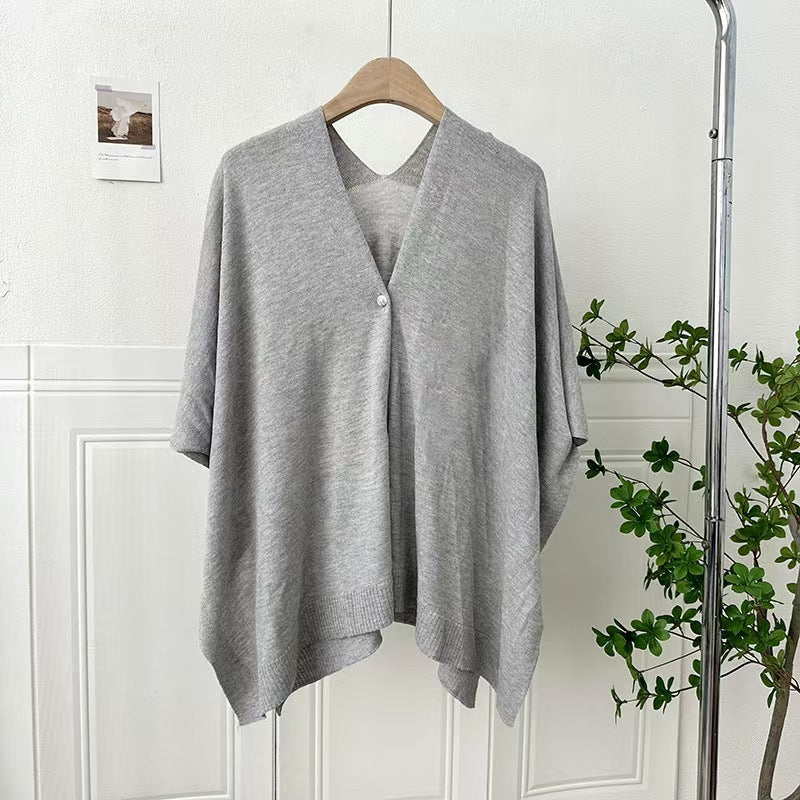 Summer Thin Solid Color Knitted Cardigan With Buckle All-match Cloak Waistcoat