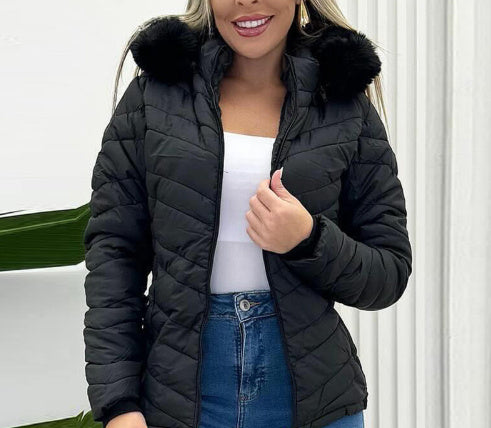 Cinched Hoodie With Fur Collar Short Jacket
