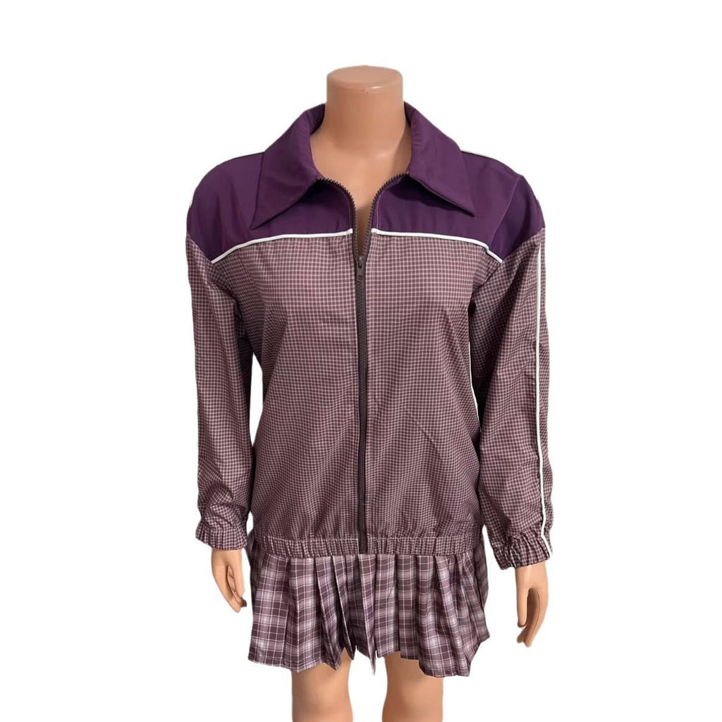 طقم من قطعتين: كارديجان بياقة وسحاب، بلوزة بأكمام طويلة، تنورة مثيرة