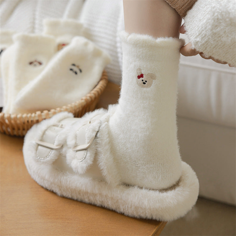 Plush Soft Glutinous Socks Women's Fleece-lined Thickened Cute Cartoon Mid-calf High-grade
