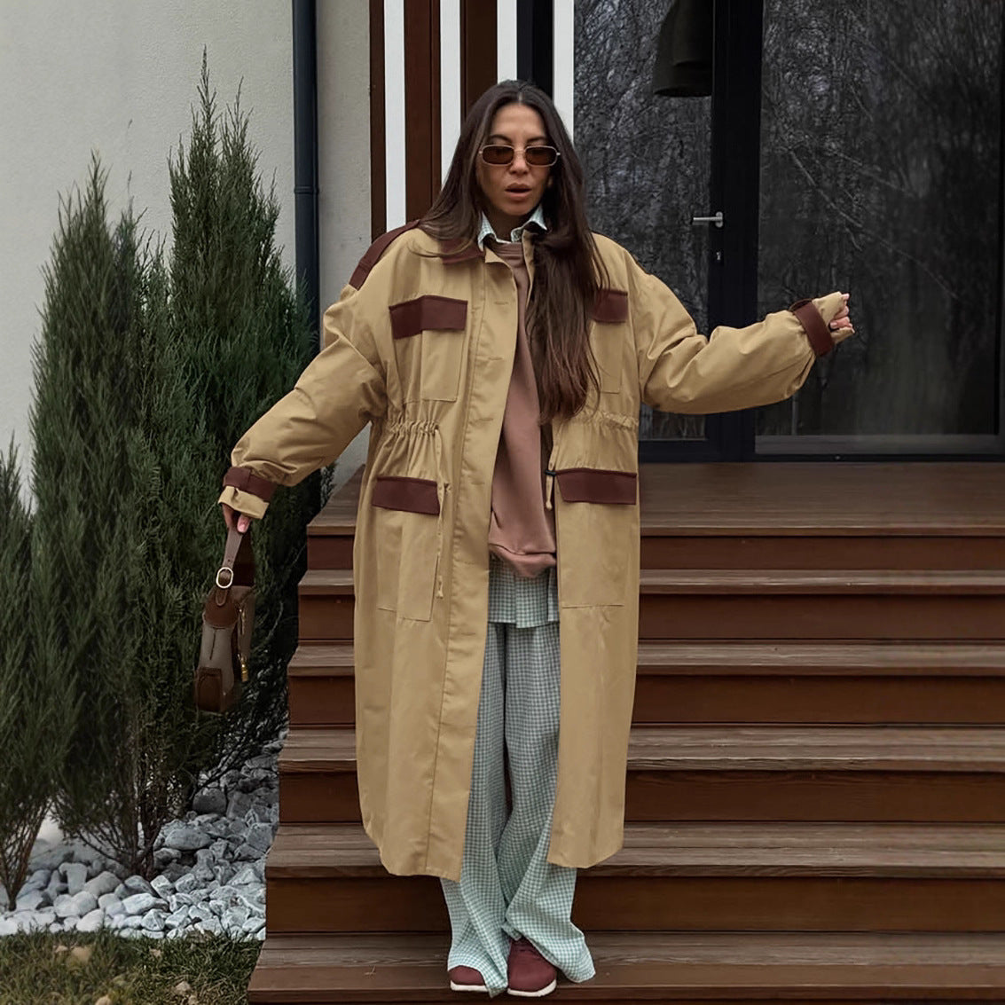 Autumn And Winter Retro Contrast Color Trench Coat For Women