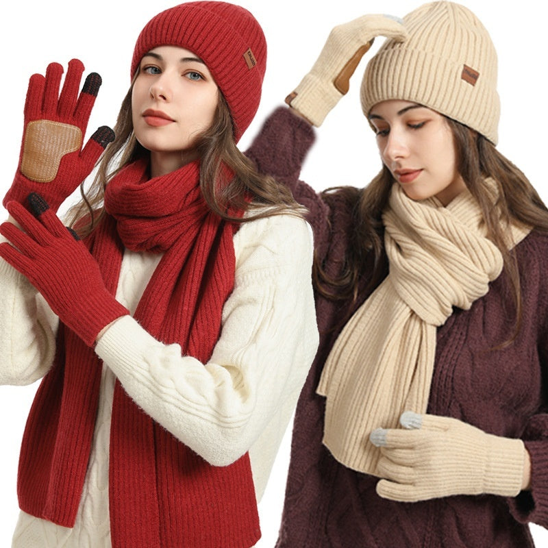 Winter Women's Wool Hat Scarf Gloves Plus Leather Non-slip Three-piece Set