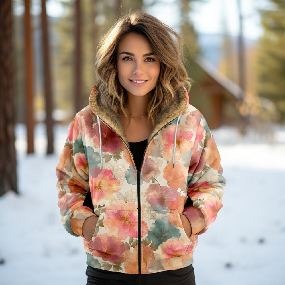 Digital Printing Autumn And Winter Women's Hooded Zipped Cotton-padded Jacket Coat