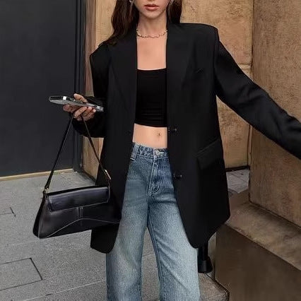 جاكيت بدلة نسائي أسود فضفاض بتصميم كلاسيكي