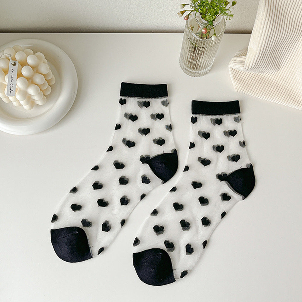 Spun Glass Crystal Tube Socks Women's Summer Thin Black Polka Dot Breathable Mesh