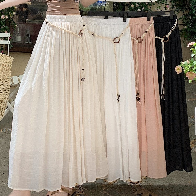 Vintage Belt Pleated Skirt Versatile Slimming High Waist A- Line