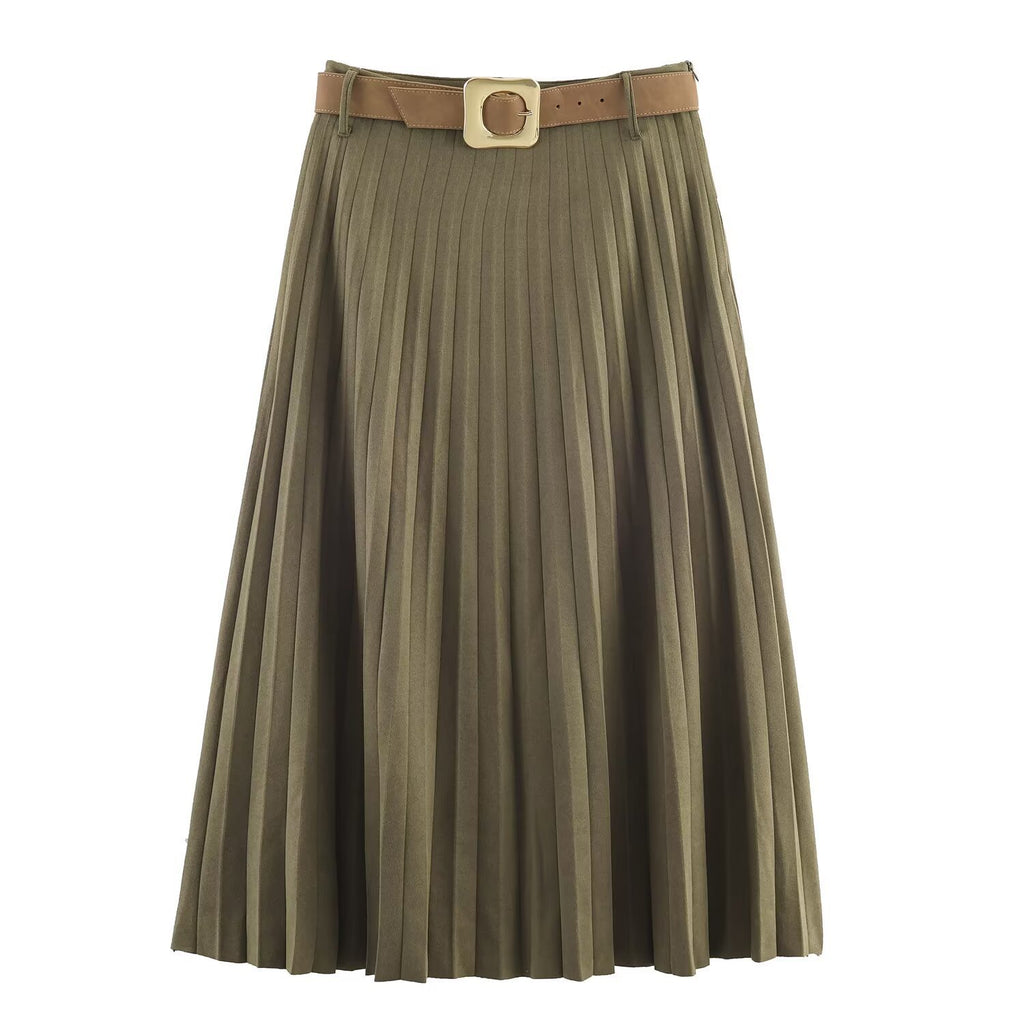 Fashionable Elegant With Belt Pleated Skirt