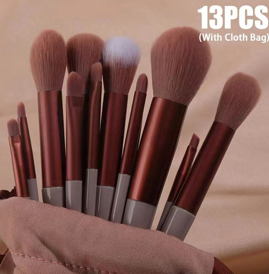 13Pcs Makeup Brush Set Synthetic Fiber Plastic Handle Velvet Bag