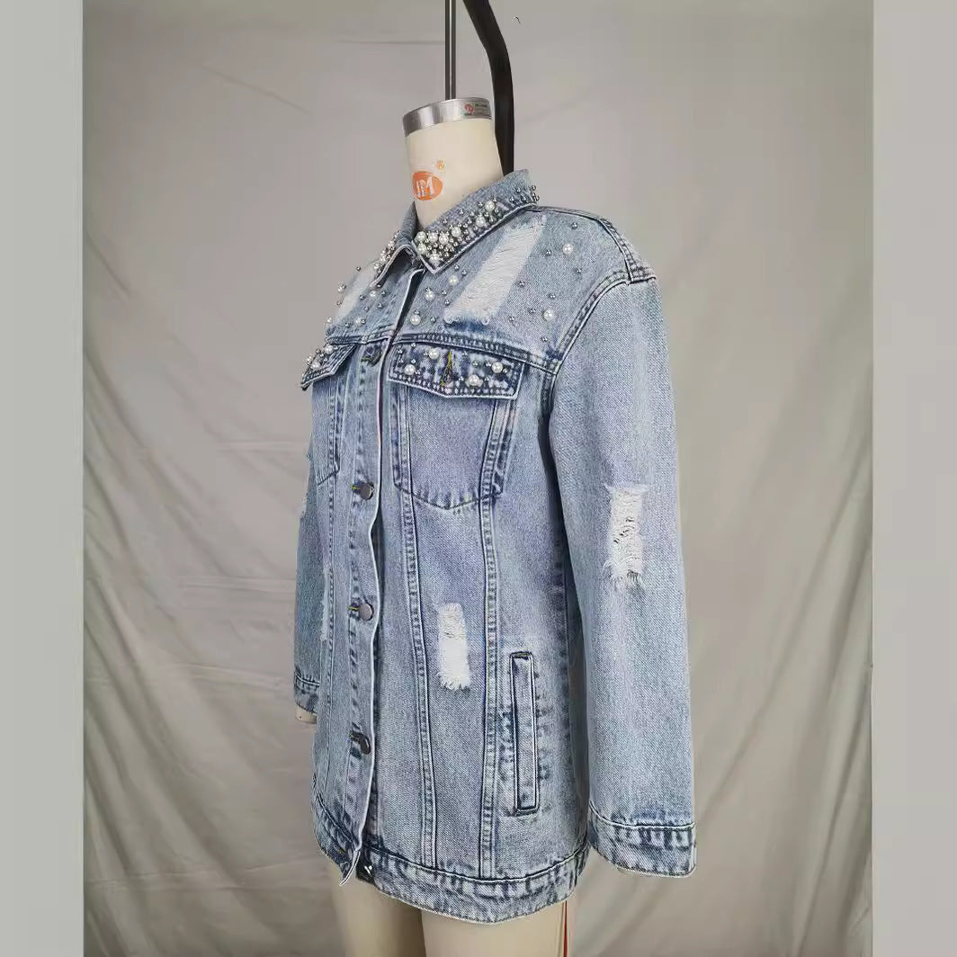 Fashion Solid Color Ripped Mid-length Denim Jacket
