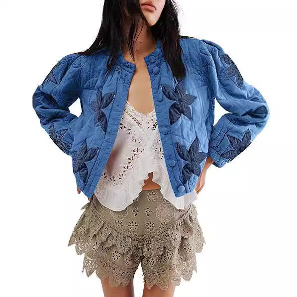 Washed Cotton Maple Leaf Affixed Cloth Embroidered Women's Coat Cotton-padded Jacket