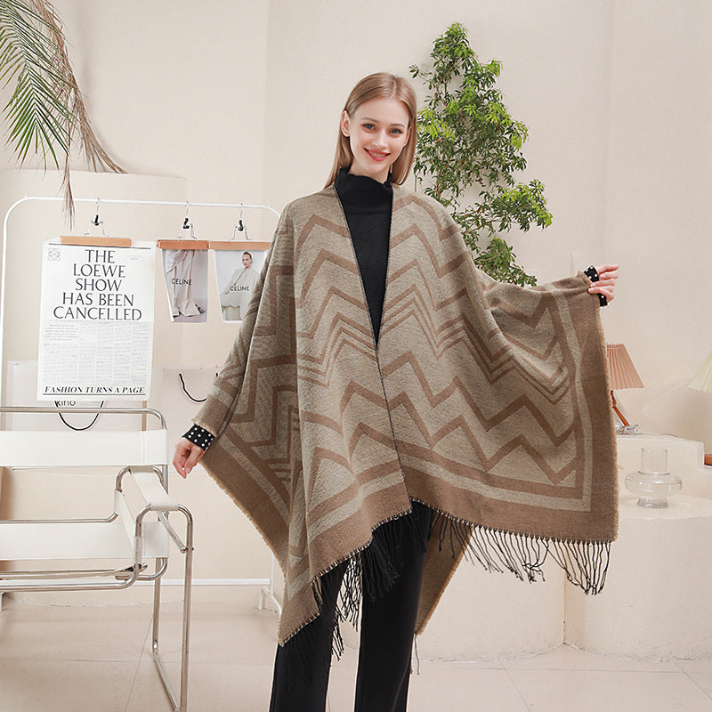 Fashionable With Side-slit Shawl Cape Herringbone Wave Scarf Shawl Suitable For Chinese