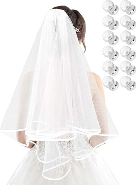 Bridal Veil Wedding Veil Weights Short 2 Tier Veil And 12 Pairs Veil Weights Magnetic Double Sided Artificial Pearls Silver Button For Bachelorette Party Bridal Shower Veil First Communion Clearance