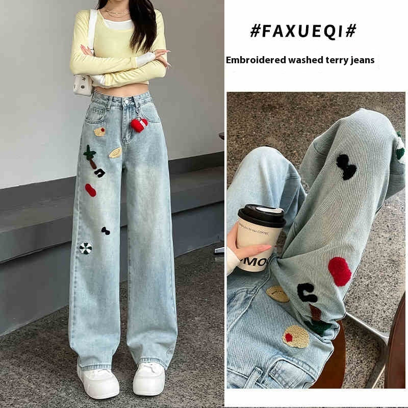 Embroidered Wide-leg Jeans Women's High Waist Straight Mopping Pants