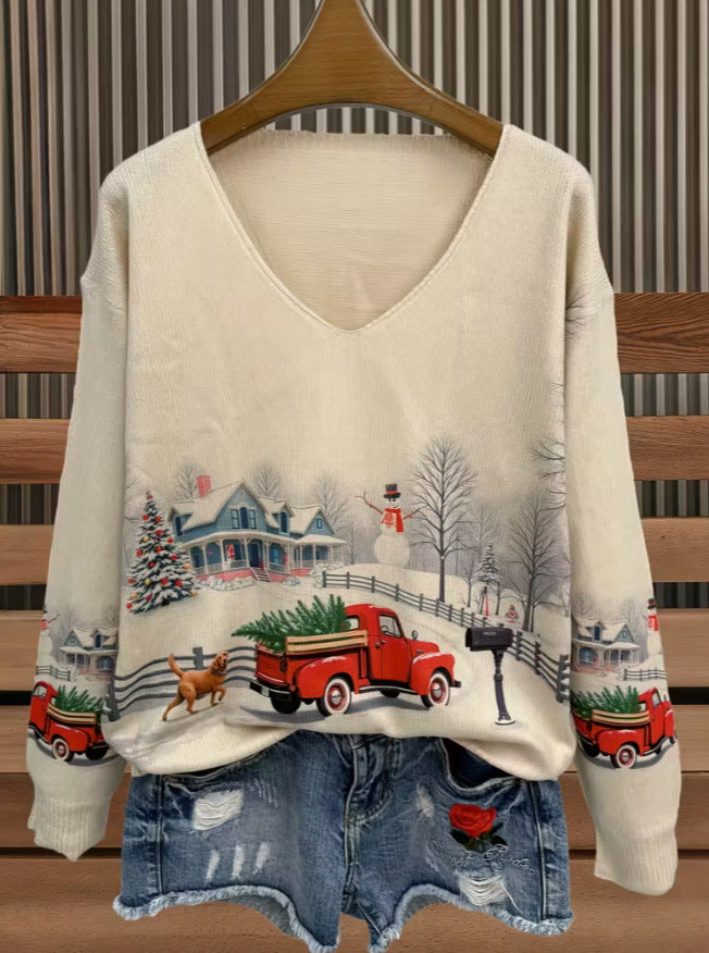 Christmas Element Printed Personal Leisure Autumn And Winter Christmas Collar Loose Sweater
