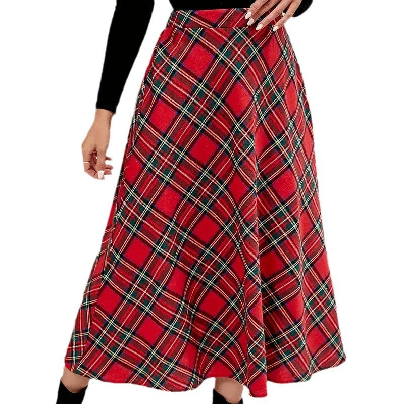 Women's High Waist Casual Loose Plaid Midi Dress