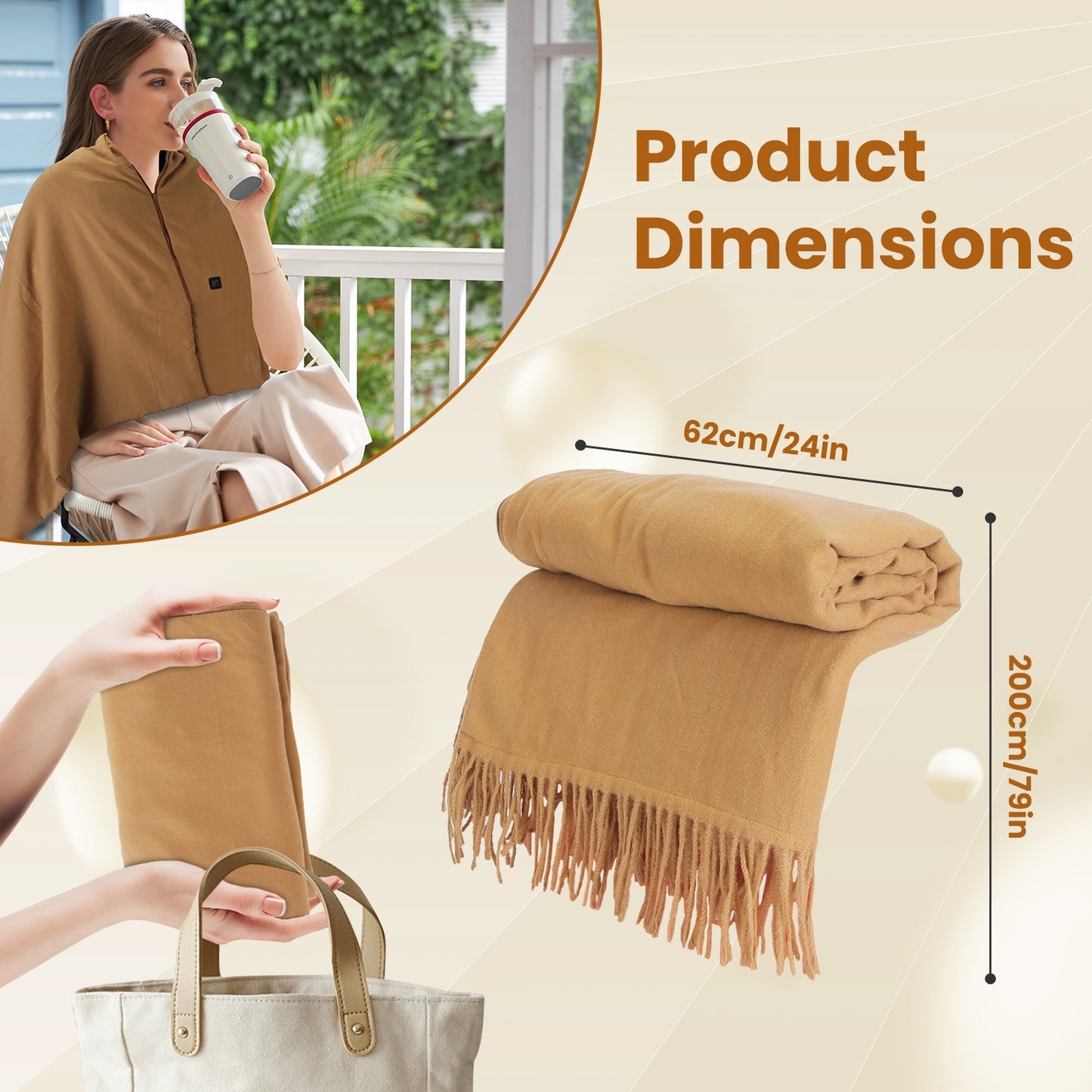 1Pc 79x24In USB Heated Shawl With Teasel Wearable Heating Blanket Electric Throw Wrap Indoor Outdoor With Zipper 3 Heating Levels Machine Washable For Outdoor Home Office