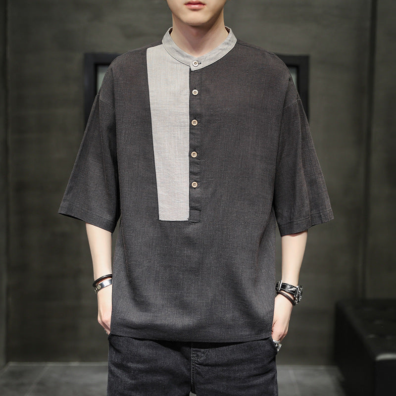 Cotton And Linen Casual Stitching Loose Half Sleeves