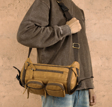 حقيبة كتف رجالية عتيقة من الجلد الطبيعي، متعددة الوظائف، ذات سعة كبيرة، قابلة للسحب على الكتف