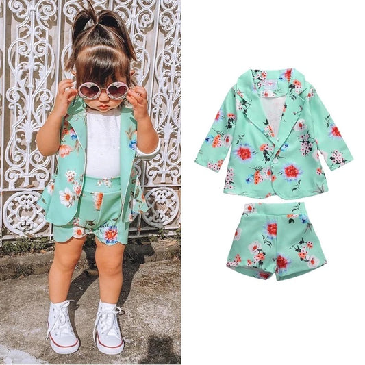 Girls Spring Western Style Suit Flower Suit Jacket And Shorts