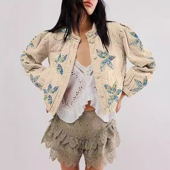 Washed Cotton Maple Leaf Affixed Cloth Embroidered Women's Coat Cotton-padded Jacket