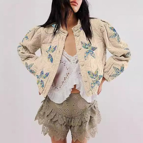 Washed Cotton Maple Leaf Affixed Cloth Embroidered Women's Coat Cotton-padded Jacket