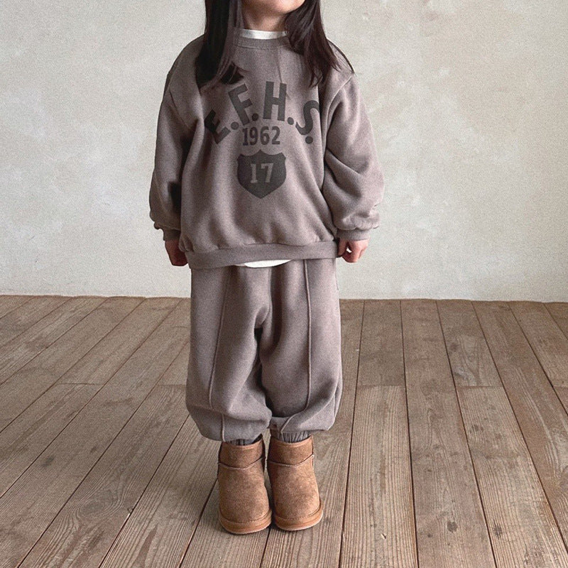 Boys And Girls Letter Printing Casual Fleece Sweater Two-piece Set