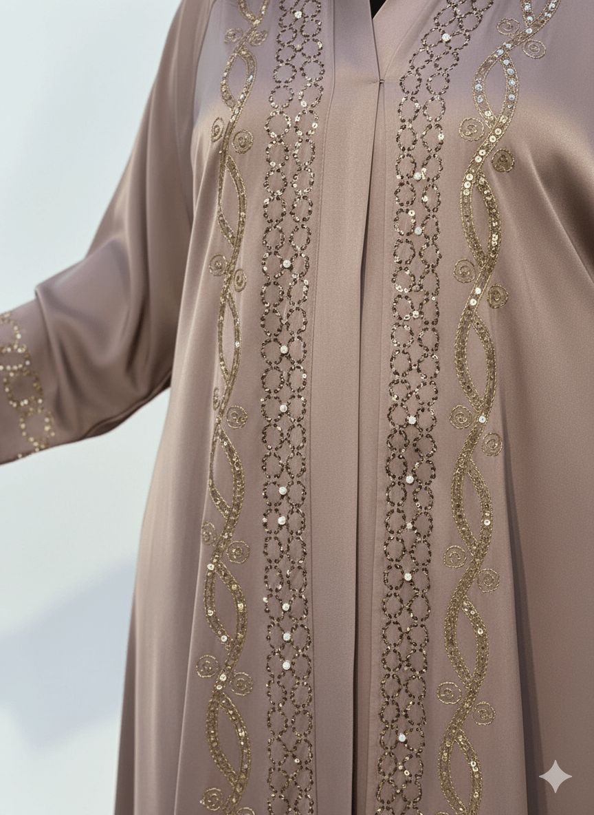 عباية حرير سواريه بتطريز ناعم وقصّة انسيابية - Eshtree
