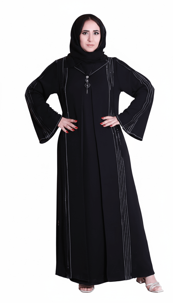 عباية كريب حرير بتطريز خطوط لامعة - Eshtree