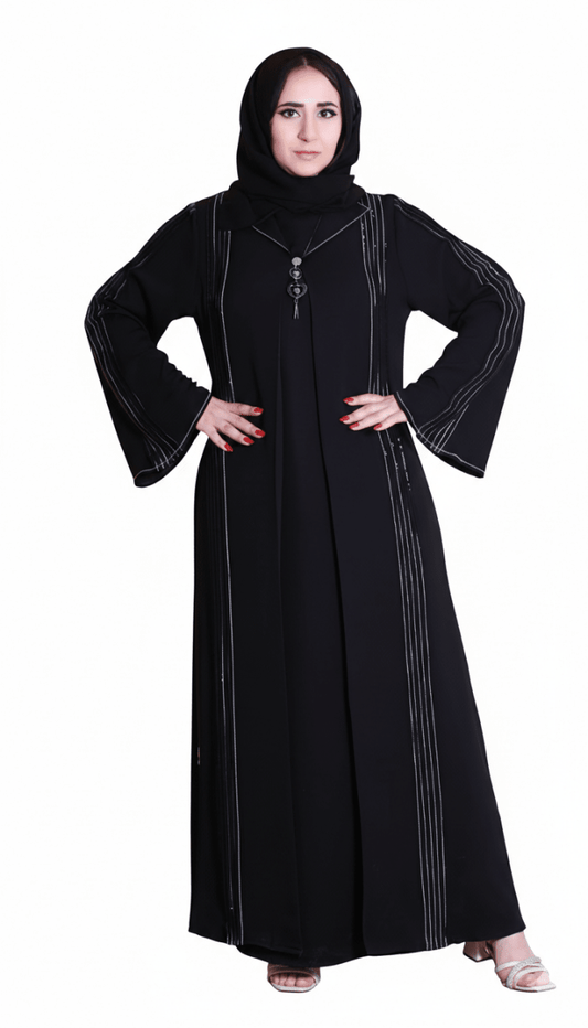 عباية كريب حرير بتطريز خطوط لامعة - Eshtree