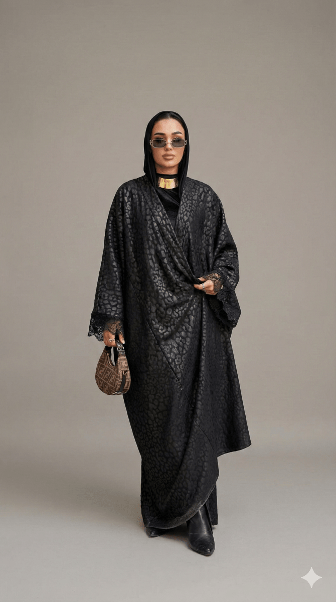 عباية تايجر من خامة الجاكار الفاخر بتفصيل كم دانتيل أنيق - Eshtree