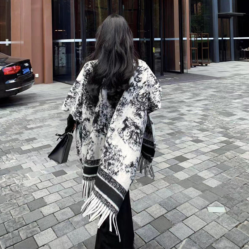 Ink Painting Double-sided Shawl Outer Match Women's Autumn And Winter Retro High Sense