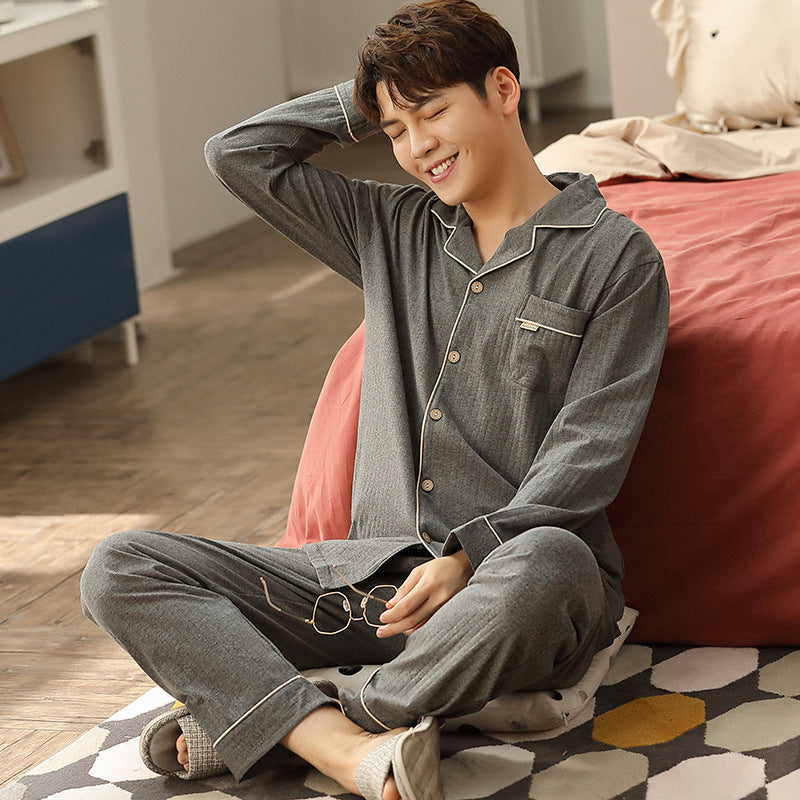 Home Wear Simple Solid Color Thin Knitted Cotton Long-sleeve Suit