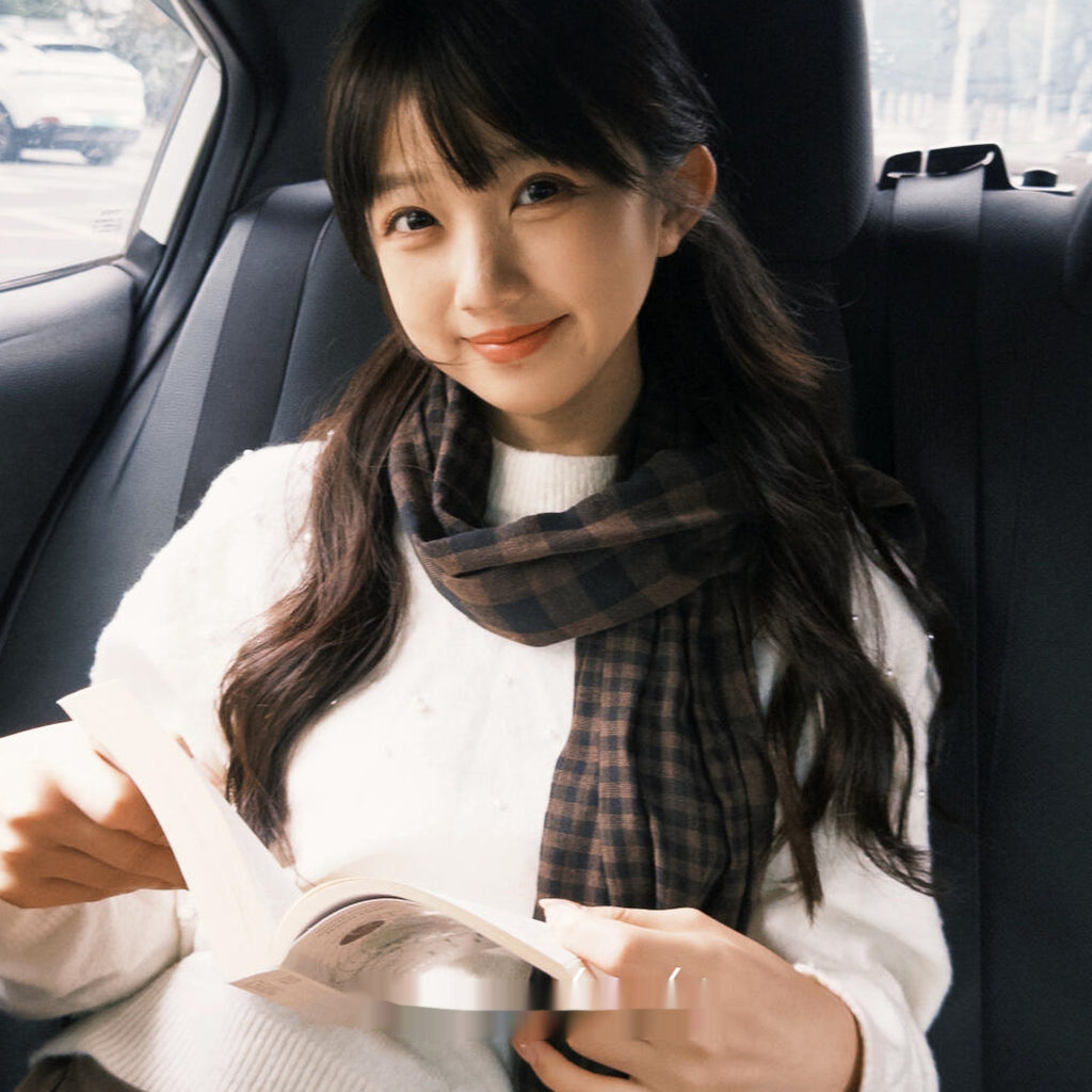 Japanese Cotton And Linen Brown Double-sided Plaid Scarf