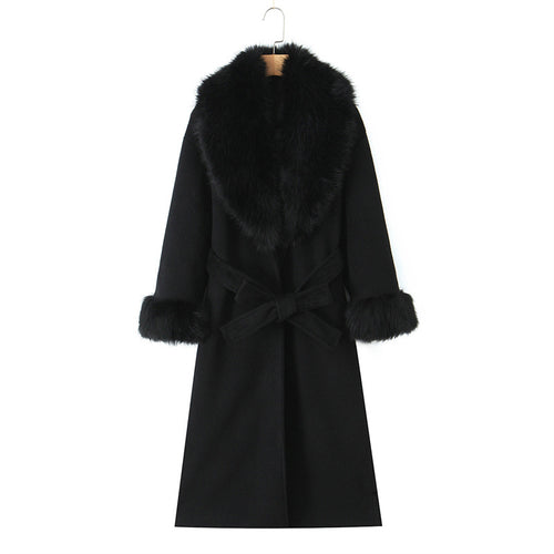 Big Fur Collar Belt Wool Coat Long Jacket