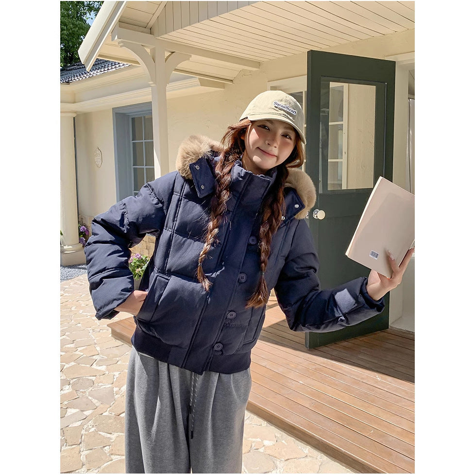 Korean Sweet Big Fur Collar Hooded Cotton Coat Jacket