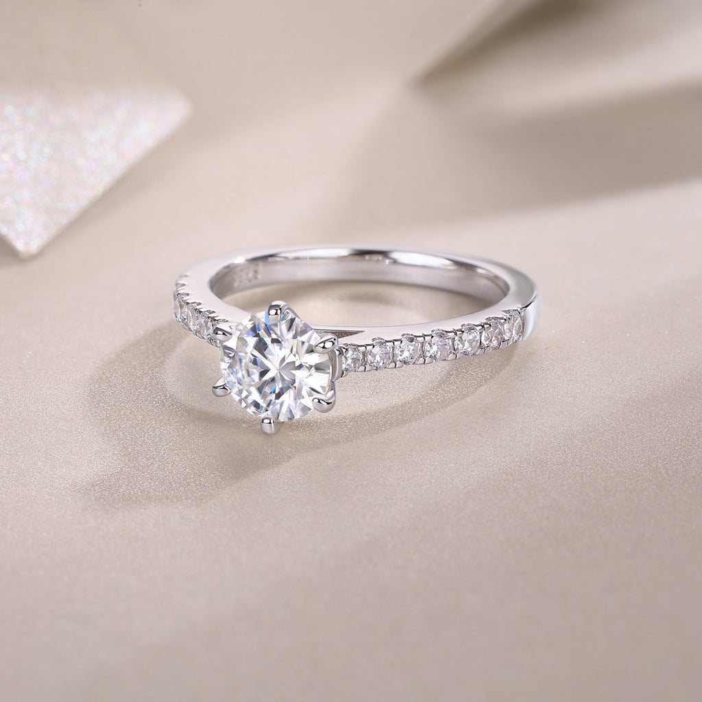Surrounded By Stars - A Wedding Ring Set With 1-carat Top-quality Moissanite S925 Silver And Platinum-plated Diamond. The Ring Can Be Inspected With A Diamond Pen