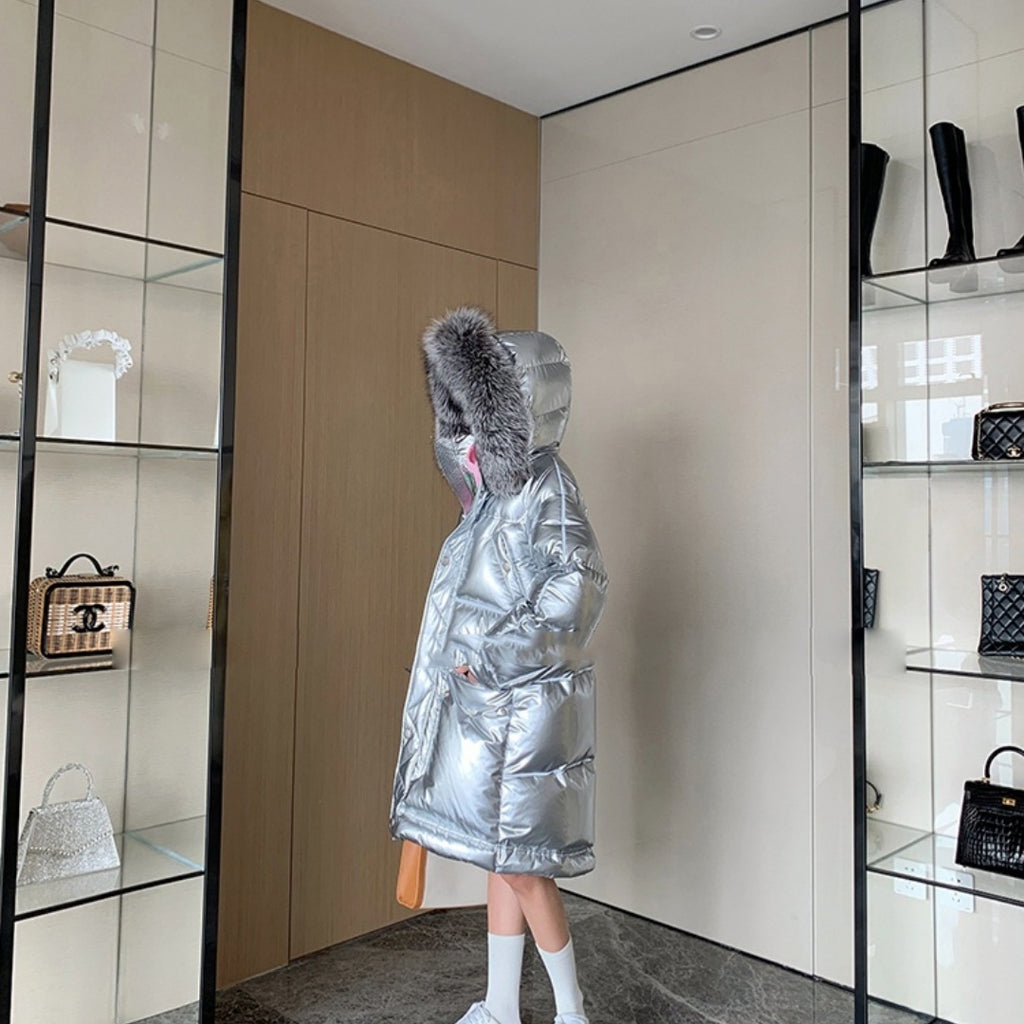 Women's Long Pink Glossy Fur Collar Winter High-end Down Jacket