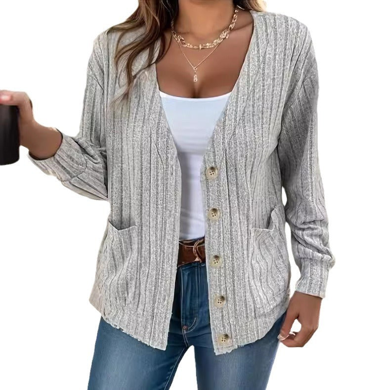 Solid Color Buttons V-neck Loose Long Sleeve Cardigan For Women