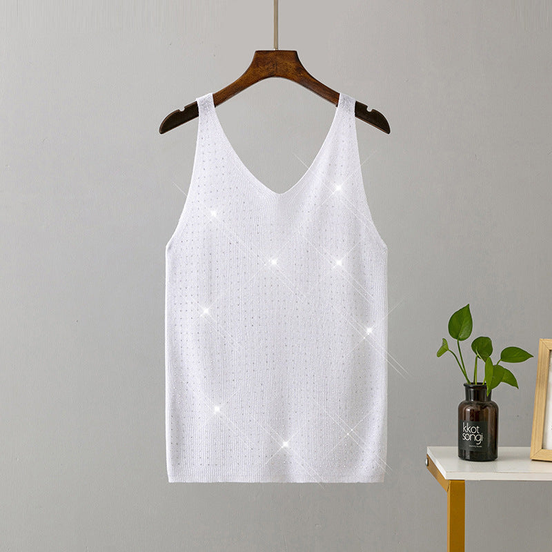 Ice Silk Knitted Bright Thread Diamond-encrusted V-neck Camisole