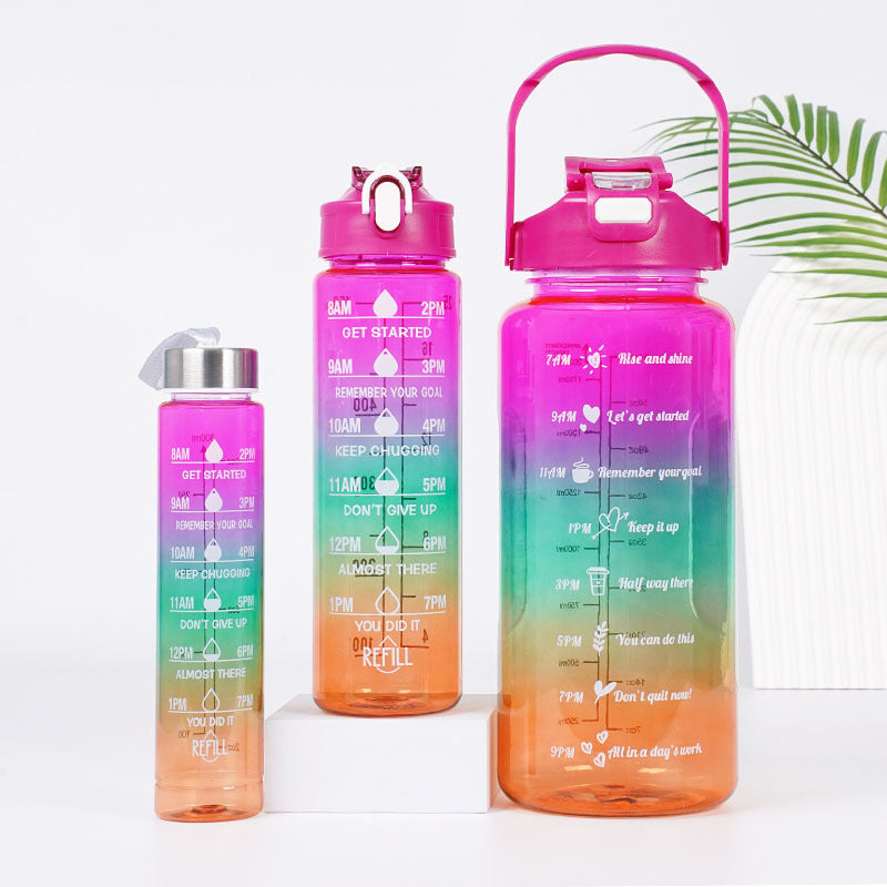 3-in-1 Gradient Color Motivational Water Bottles Set Plastic Straw Double Drink Translucent Outdoor Sports Bottle