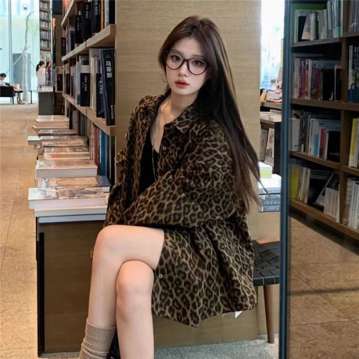 American Leopard Print Polo Collar Shirt Coat Women - Eshtree