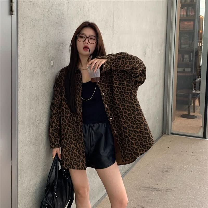 American Leopard Print Polo Collar Shirt Coat Women - Eshtree