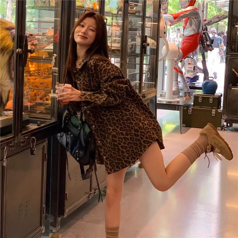 American Leopard Print Polo Collar Shirt Coat Women - Eshtree