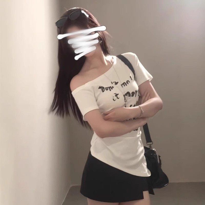 American - style Asymmetrical White Letter - print Off - shoulder Short - sleeve T-shirt - Eshtree