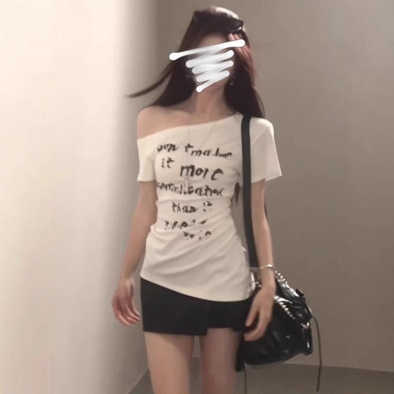 American - style Asymmetrical White Letter - print Off - shoulder Short - sleeve T-shirt - Eshtree