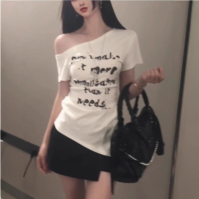 American - style Asymmetrical White Letter - print Off - shoulder Short - sleeve T-shirt - Eshtree