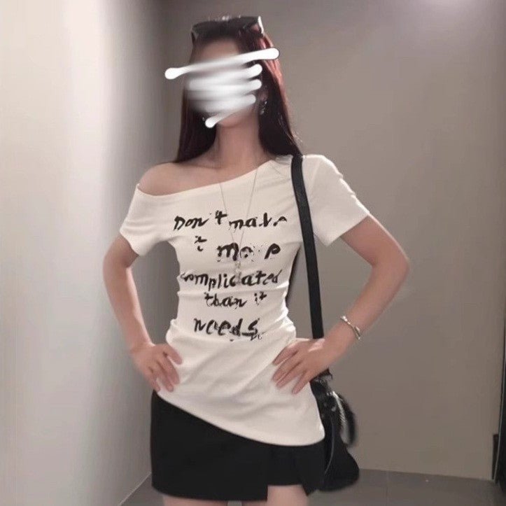 American - style Asymmetrical White Letter - print Off - shoulder Short - sleeve T-shirt - Eshtree
