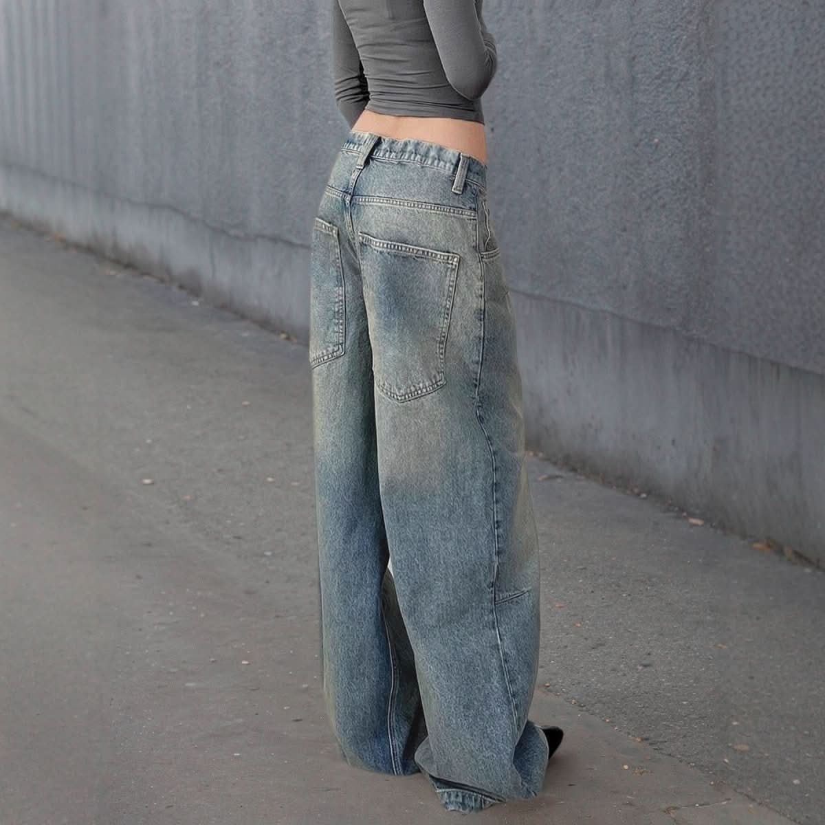 Autumn Winter Retro Distressed Dirty Pants High Waist Straight Loose Wide Leg Jeans - Eshtree